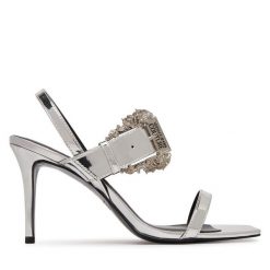 Sandały Versace Jeans Couture. Szare sandały Versace Jeans Couture, bez wzorów, z jeansu, bez obcasa, na szpilce, bez zapięcia. Za 969.99 zł.