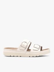 Kremowe klapki z dwoma paskami. Brązowe klapki Ryłko, bez wzorów, ze skóry, z okrągłym noskiem, bez obcasa, na płaskiej podeszwie. Za 399.99 zł.