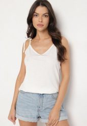 Biały Top z Modalem i Bawełną Ozdobiona Wiązaniem Lilacea. Białe topy Born2be, l, bez wzorów, z bawełny, bez kołnierzyka, bez ramiączek. Za 29.99 zł.