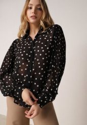 Czarna Bawełniano-Wiskozowa Koszula w Groszki z Plisowanymi Rękawami Ronan. Czarne koszule Born2be, m, bez wzorów, z bawełny, bez kołnierzyka, bez ramiączek. Za 109.99 zł.