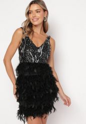 Czarna Sukienka Mini w Pióra i Cekiny Vortega. Czarne sukienki Born2be, s, z aplikacjami, bez kołnierzyka, bez ramiączek, mini. Za 199.99 zł.