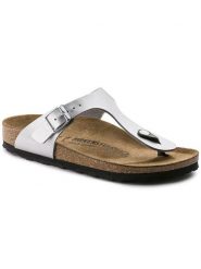 Birkenstock Japonki "Gizeh" w kolorze srebrnym rozmiar: 37. Szare klapki Birkenstock, bez wzorów, ze skóry, z otwartym noskiem, bez obcasa. Za 330.45 zł.