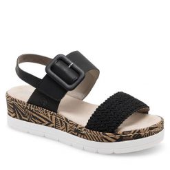 Sandały Rieker. Czarne sandały Rieker, bez wzorów, bez obcasa, na płaskiej podeszwie, bez zapięcia. Za 299.99 zł.