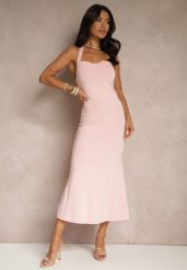 Różowa Koktajlowa Sukienka Taliowana z Wiskozą Folarose. Czerwone sukienki Renee, na imprezę, l, bez wzorów, z wiskozy, eleganckie, bez kołnierzyka, bez ramiączek, midi. Za 59.99 zł.