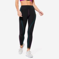 Legginsy fitness damskie Domyos. Czarne legginsy DOMYOS, l, bez wzorów, z elastanu. W wyprzedaży za 79.99 zł.