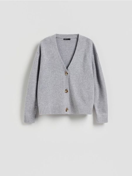 Wełniany kardigan - jasnoszary. Szare kardigany Reserved, l, bez wzorów, z wełny. Za 199.99 zł.