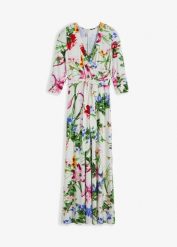 Długa sukienka z rękawami 3/4. Białe sukienki bonprix, bez wzorów, bez kołnierzyka, bez ramiączek, maxi. Za 147.99 zł.