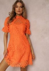 Pomarańczowa Sukienka Aeryse. Brązowe sukienki Renee, m, z aplikacjami, z koronki, bez kołnierzyka, bez ramiączek, mini. Za 109.99 zł.