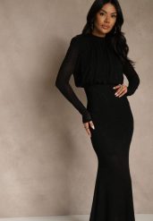 Czarna Cyrkoniowa Sukienka o Taliowanym Kroju z Bufiastą Górą i Gumką w Pasie Iwedesa. Czarne sukienki Renee, l, bez wzorów, wizytowe, bez kołnierzyka, bez ramiączek, kopertowe. Za 179.99 zł.