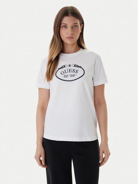 Guess T-Shirt V6RI04 K8FQ4 Biały Regular Fit. Białe t-shirty Guess, xl, z aplikacjami, z bawełny, bez kołnierzyka, bez ramiączek. Za 159.99 zł.
