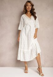 Biała Sukienka z Koronką i Dodatkiem Bawełny Wykończona Wiązaniem i Gumką w Talii Jasevia. Białe sukienki Renee, na co dzień, l, z aplikacjami, z bawełny, bez kołnierzyka, bez ramiączek, maxi. Za 119.99 zł.