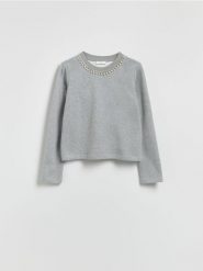 Bluza z ozdobnym dekoltem - ciemnoszary. Szare bluzy Reserved, l, bez wzorów, z bawełny, bez kaptura. Za 119.99 zł.