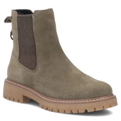 Skórzane botki damskie sztyblety khaki Filippo DBT7935. Brązowe botki Filippo, bez wzorów, ze skóry, bez obcasa, bez zapięcia. Za 259.99 zł.