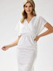 Sukienka Model A698 White - awama. Białe sukienki Awama, na sylwestra, l, bez wzorów, z weluru, eleganckie, bez kołnierzyka, plus size, bez ramiączek, midi, dopasowane. Za 441.32 zł.