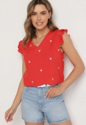 Czerwona Bluzka Top z Wiskozy bez Rękawów z Falbankami w Haftowane Serduszka Taella. Czerwone topy Born2be, m, bez wzorów, z wiskozy, bez kołnierzyka, bez ramiączek. Za 49.99 zł.
