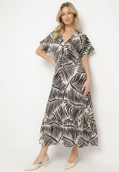 Czarna Sukienka Wiskozowa Rozkloszowana w Liściasty Print Draledia. Czarne sukienki Born2be, na imprezę, l, bez wzorów, z wiskozy, bez kołnierzyka, bez ramiączek, maxi, rozkloszowane. Za 74.99 zł.