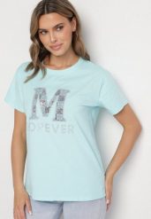 Jasnoniebieski T-shirt z Bawełny Ozdobiony Napisem i Cyrkoniami Olireth. Niebieskie t-shirty Born2be, l, bez wzorów, z bawełny, bez kołnierzyka, bez ramiączek. Za 34.99 zł.