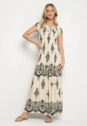 Beżowa Wiskozowa Sukienka z Marszczoną Góra i Wzorem Boho Ellifae. Brązowe sukienki Born2be, na spotkanie biznesowe, l, z aplikacjami, z wiskozy, boho, bez kołnierzyka, bez ramiączek, maxi. Za 54.99 zł.