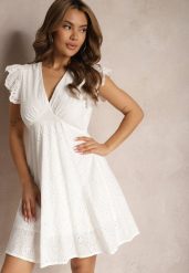 Biała Haftowana Sukienka Bawełniana o Rozkloszowanym Fasonie Laquita. Białe sukienki Renee, na co dzień, l, bez wzorów, z bawełny, eleganckie, bez kołnierzyka, bez ramiączek, mini, proste. Za 74.99 zł.