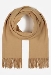 Ciemnobeżowy Gładki Szalik z Frędzlami Vetiela. Brązowe szaliki Born2be, na zimę, bez wzorów, z jeansu, eleganckie. Za 34.99 zł.