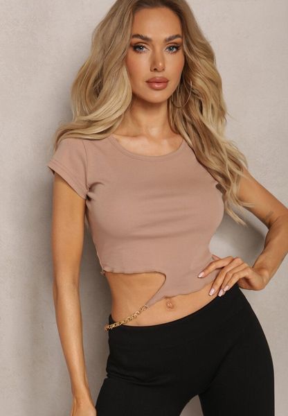 Ciemnobeżowy T-shirt z Bawełny Ozdobiony Wycięciem i Łańcuszkiem Sparkina. Brązowe t-shirty Renee, m, bez wzorów, z bawełny, bez kołnierzyka, bez ramiączek. Za 59.99 zł.