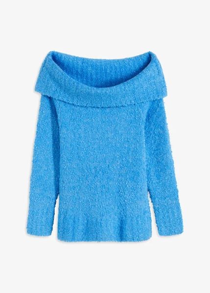 Sweter off-shoulder. Niebieskie swetry bonprix, bez wzorów, bez ramiączek. Za 149.99 zł.