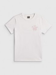 4F T-shirt regular z nadrukiem damski - biały S. Białe t-shirty 4f, s, bez wzorów, z bawełny, bez kołnierzyka, bez ramiączek. Za 59.99 zł.