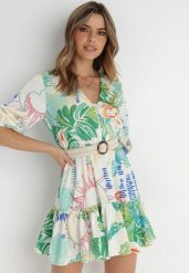 Biała Sukienka z Paskiem Metiera. Białe sukienki Born2be, m, bez wzorów, bez kołnierzyka, bez ramiączek, mini, rozkloszowane. Za 29.99 zł.