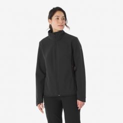 Kurtka turystyczna damska Softshell Forclaz MT100. Czarne kurtki sportowe FORCLAZ, m, bez wzorów, z polaru, bez kaptura, trekkingowe. Za 199.99 zł.