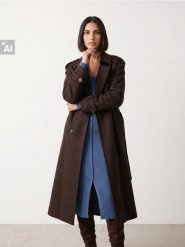 Dwurzędowy płaszcz loose fit z paskiem - brązowy. Brązowe płaszcze Sinsay, l, bez wzorów, bez kaptura. Za 139.99 zł.