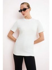 Trendyol Koszulka w kolorze kremowym rozmiar: M. Brązowe bluzki Trendyol, m, bez wzorów, z bawełny, bez kołnierzyka, bez ramiączek. Za 52.99 zł.