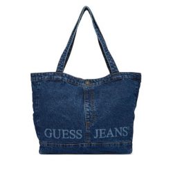 Torebka Guess Jeans. Niebieskie shopper Guess Jeans, z aplikacjami, z jeansu, bez dodatków. Za 149.99 zł.