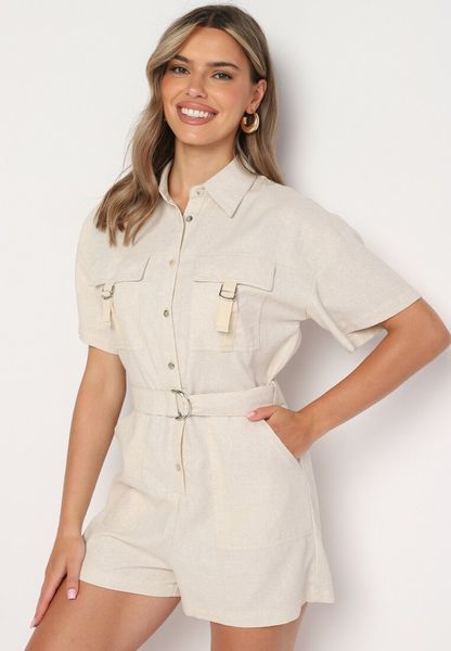 Jasnobeżowy Kombinezon z Lnem i Wiskozą z Koszulową Górą i Materiałowym Paskiem z Klamrą Lolefia. Brązowe sukienki Born2be, na co dzień, na lato, l, bez wzorów, z materiału, eleganckie, bez kołnierzyka, bez ramiączek, mini, dopasowane. Za 139.99 zł.