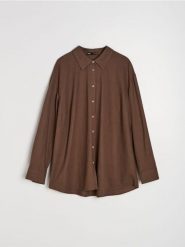 Koszula z domieszką lnu - brązowy. Brązowe koszule Sinsay, xl, bez wzorów, bez kołnierzyka, bez ramiączek. Za 49.99 zł.