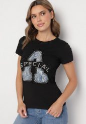 Czarny Bawełniany T-shirt Ozdobiony Napisem i Cyrkoniami Isnorea. Czarne t-shirty Born2be, m, bez wzorów, z bawełny, bez kołnierzyka, bez ramiączek. Za 34.99 zł.
