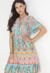 Miętowo-różowa Sukienka Mini z Cienkimi Gumkami w Pasie i Ozdobnym Wiązaniem z Wiskozy Shailan. Zielone sukienki Born2be, na co dzień, l, bez wzorów, z wiskozy, bez kołnierzyka, bez ramiączek, mini, rozkloszowane. Za 89.99 zł.