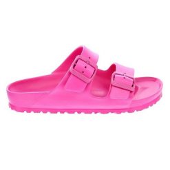 Klapki damskie Birkenstock Arizona Eva. Czerwone klapki Birkenstock, bez wzorów, z materiału, bez obcasa. Za 338.00 zł.