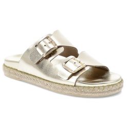 Klapki damskie Chebello, ze skóry naturalnej na platformie z klasycznymi klamrami, złote, S374-4650. Żółte klapki CheBello, bez wzorów, z materiału, bez obcasa, na platformie. Za 419.00 zł.