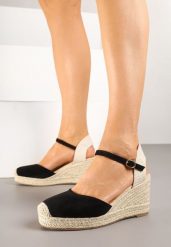 Czarne Sandały Espadryle na Plecionym Koturnie Nilivian. Czarne sandały Born2be, bez wzorów, eleganckie, bez obcasa, na koturnie, bez zapięcia. W wyprzedaży za 74.99 zł.