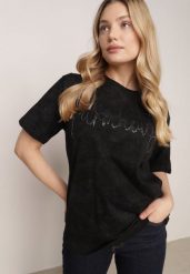 Czarny Bawełniany T-shirt Oversize z Haftowanym Napisem z Cekinami Aewai. Czarne t-shirty Born2be, m, bez wzorów, z bawełny, bez kołnierzyka, bez ramiączek. Za 59.99 zł.