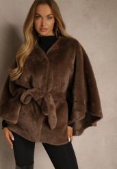 Brązowe Futerkowe Ponczo Ozdobione Paskiem Monareva. Brązowe swetry Renee, bez wzorów, z jeansu, bez ramiączek. Za 299.99 zł.