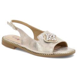 Sandały damskie S. Barski, eleganckie na płaskim obcasie z eko skóry z ozdobą, jasne złoto, KV51-080. Żółte sandały S.BARSKI, z aplikacjami, ze skóry, eleganckie, bez obcasa, na płaskiej podeszwie, bez zapięcia. Za 109.00 zł.