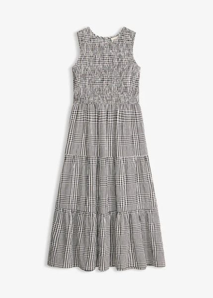 Sukienka midi z mieszanki wiskozy. Czarne sukienki bonprix, bez wzorów, z wiskozy, eleganckie, bez kołnierzyka, bez ramiączek, midi. Za 99.99 zł.