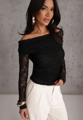 Czarna Bluzka z Koronki i Dekoltem Typu Bardot Adrageia. Czarne bluzki Renee, l, bez wzorów, z koronki, bez kołnierzyka, bez ramiączek. Za 129.99 zł.