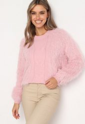 Różowy Sweter z Długim Włosiem i Dodatkiem Wełny Merithina. Czerwone swetry Born2be, uniwersalny, bez wzorów, z dzianiny, bez ramiączek. Za 109.99 zł.