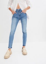 Dżinsy Skinny mid waist, cropped. Niebieskie jeansy bonprix, bez wzorów. Za 132.99 zł.