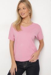 Różowy Dzianinowy T-shirt z Dekoltem w Kształcie Litery V Fenima. Czerwone t-shirty Born2be, l, bez wzorów, z dzianiny, bez kołnierzyka, bez ramiączek. Za 49.99 zł.