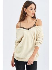 Milan Kiss Sweter w kolorze beżowym rozmiar: S. Brązowe swetry Milan Kiss, s, bez wzorów, z koronki, bez ramiączek. Za 88.02 zł.