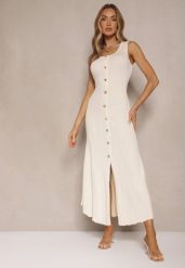 Jasnobeżowa Sweterkowa Sukienka z Wiskozy Ozdobiona Guzikami Lunioris. Brązowe sukienki Renee, na co dzień, bez wzorów, z wiskozy, eleganckie, bez kołnierzyka, bez ramiączek, maxi, kopertowe. Za 119.99 zł.