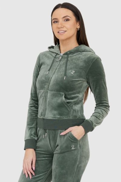 JUICY COUTURE Welurowa zielona rozpinana bluza damska diamante hoodie, Rozmiar L. Zielone bluzy Juicy Couture, l, bez wzorów, z weluru, z kapturem. W wyprzedaży za 340.99 zł.